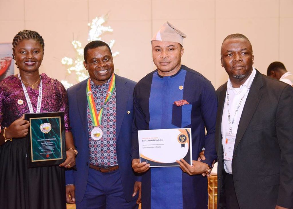 Shell Wins NAPE Coveted Award Shell Nigeria wins Best Exhibitor at 2019 National Association of Petroleum Explorationists annual international conference and exhibition, held in Lagos. Displaying the awards (from right) Shell General Manager, Exploration, Mr. Dan Agbaire (Represented the Country Chairman, Shell Companies in Nigeria, and Managing Director, The Shell Petroleum Development Company of Nigeria Limited, Mr. Osagie Okunbor); Geophysicist Lead, Mr. Magnus Kanu; newly inducted Fellow of NAPE and Shell General Manager, Development, Mr. Chibogwu Sam Ezugworie; and Operations Geophysicist, Mrs. Uche Aigbokhai.