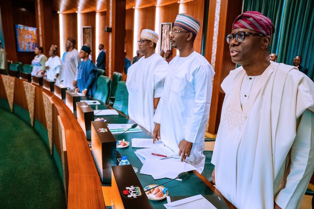 R-L: Lagos State Governor, Mr. Babajide Sanwo-Olu; Nasarawa State Governor, Engr. Abdullahi Sule; Governor of Niger State, Alhaji Abubakar Sani Bello and others during the National Economic Council meeting at the Council Chamber, Aso Villa, Abuja on Thursday, March 19, 2020.