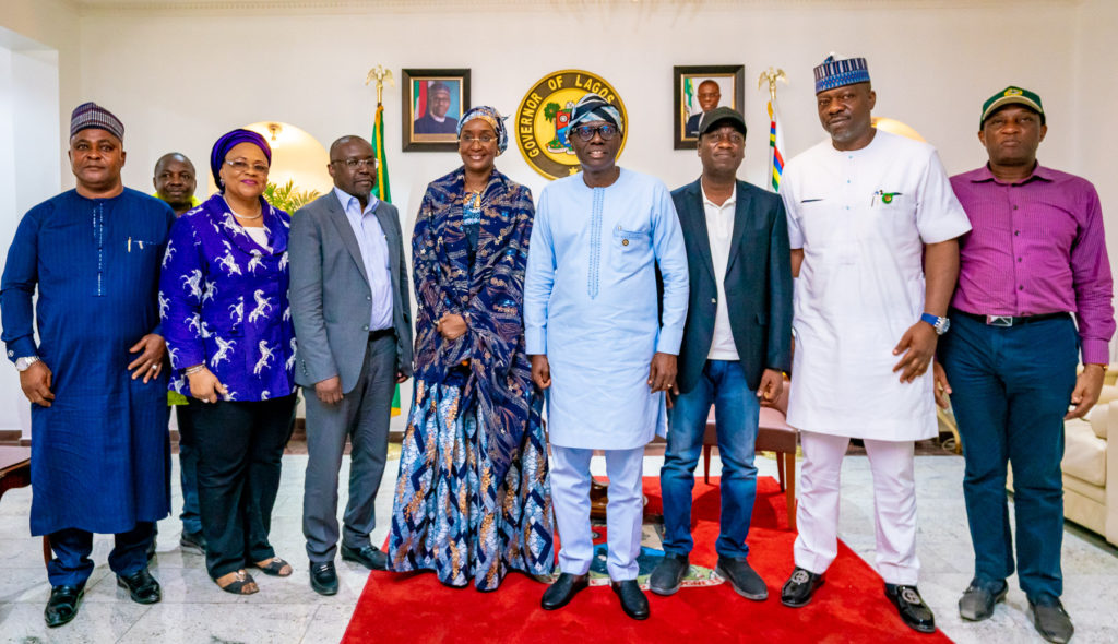 L-R: Director, Relief and Rehabilitation, National Emergency Management Agency (NEMA), Dr. Bamidele Onimode; Director Disaster Management, (NEMA), Mrs. Dorathy Nwodo; Director General, (NEMA), Engr. Mustapha Maihajja; Minister of Humanitarian Affairs, Disaster Management and Social Development, Hajiya Sadiya Umar Farouq; Lagos State Governor, Mr. Babajide Sanwo-Olu; his deputy, Dr. Obafemi Hamzat; Chairman, House Committee on Emergency & Disaster, Hon. Tunji Olawuyi and Commissioner for Environment & Water Resources Mr. Tunji Bello, during a commiseration visit by the Minister over the recent Abule-AdoSoba explosions at Lagos House, Marina, on Wednesday, March 18, 2020.