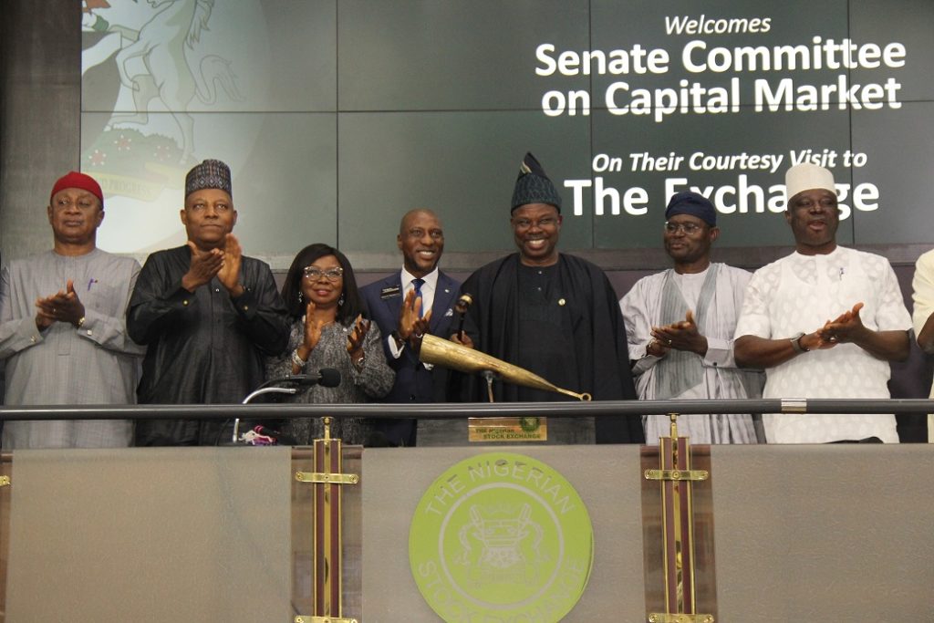 L-R shows: Sen. Amah Micheal Nnachi, Member, Senate Committee on Capital Market; Sen. Kashim Shettima, Member, Senate Committee on Capital Market; Ms. Mary Uduk. Acting Director General, Securities and Exchange Commission; Mr. Oscar N. Onyema, OON, Chief Executive Officer, The Nigerian Stock Exchange; H.E. Sen. Ibikunle Amosun, CON, Chairman, Senate Committee on Capital Market; Sen Yaroe Binos Dauda, Member, Senate Committee on Capital Market; and Sen. Yakubu Oseni, Member, Senate Committee on Capital Market during the Senate Committee on Capital Market’s courtesy visit to The Exchange on Thursday, March 19, 2020.