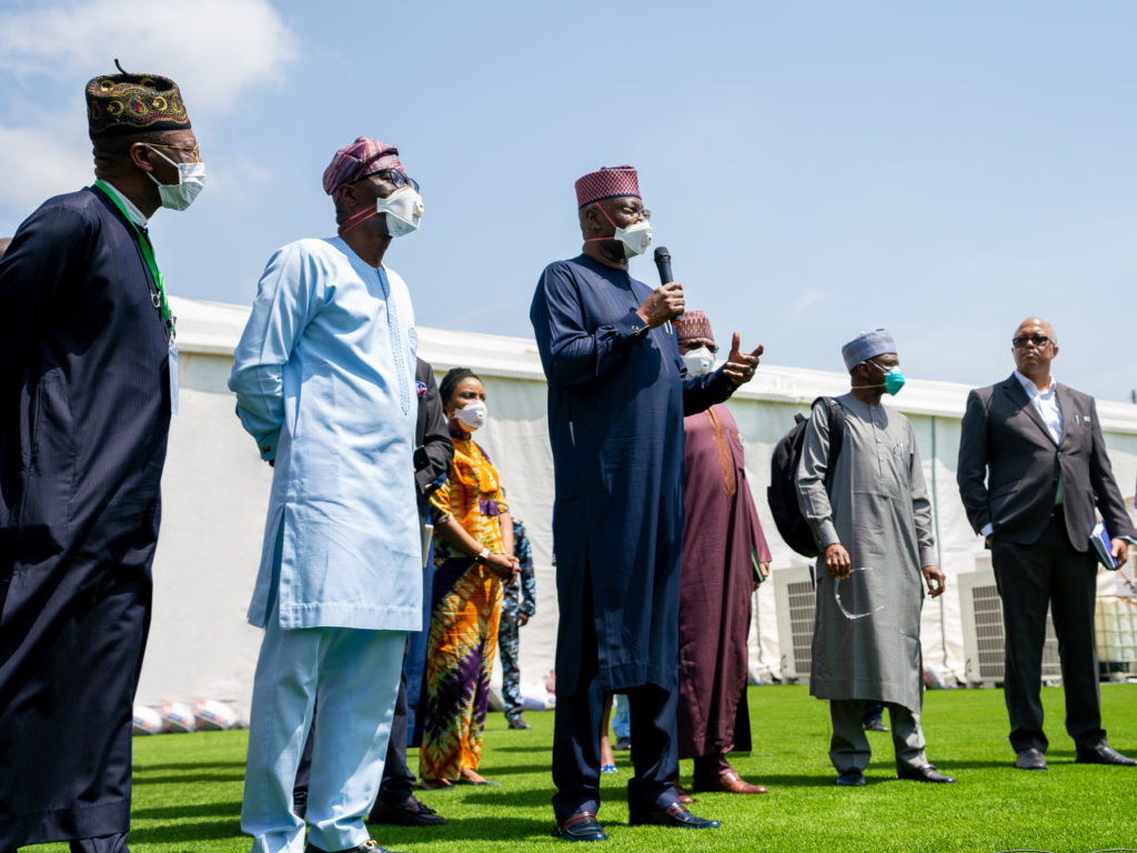 L-R: Minister of Information and Culture, Alhaji Lai Mohammed; Lagos State Governor, Mr. Babajide Sanwo-Olu; Chairman of the Presidential Task Force on COVID-19 and Secretary to the Government Federation, Mr. Boss Mustapha; Minister of Health, Dr. Osagie Ehanire; Minister of Environment, Dr. Mohammad Mahmood Abubakar and the Director General, Nigeria Centre for Disease Control (NCDC), Dr. Chikwe Ihekweazu, during an inspection of Isolation Centres in Lagos, on Tuesday, April 7, 2020.