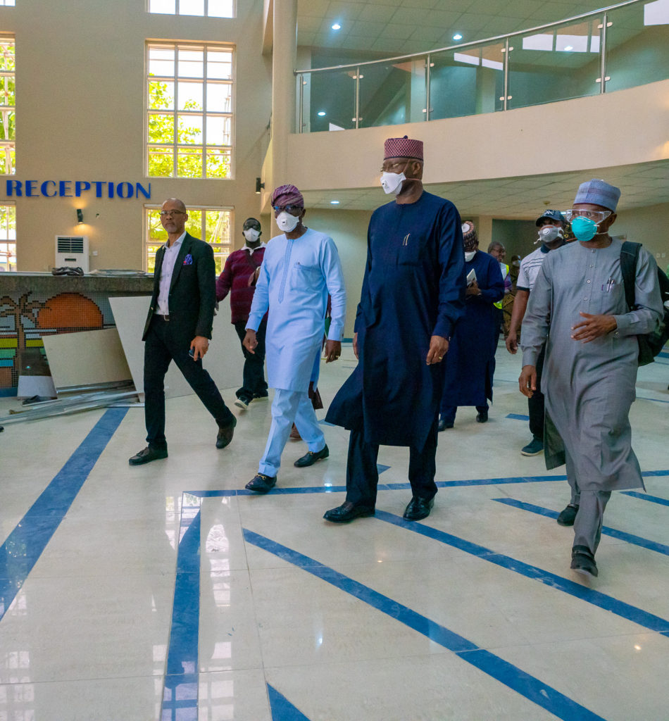 L-R: Commissioner for Health, Prof. Akin Abayomi; Lagos State Governor, Mr. Babajide Sanwo-Olu; Chairman of the Presidential Task Force on COVID-19 and Secretary to the Government Federation, Mr. Boss Mustapha and Minister of Environment, Dr. Mohammad Mahmood Abubakar, during an inspection of Isolation Centres in Lagos, on Tuesday, April 7, 2020.