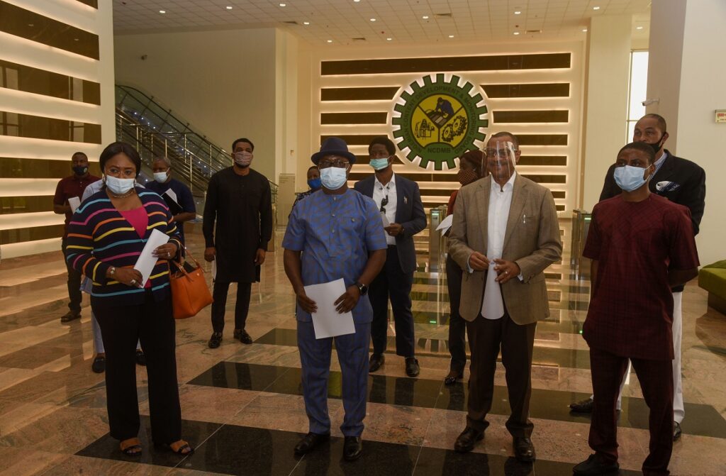L-R: General Manager, Facility and Logistics Division (FLD), NCDMB, Mrs. Maureen Ohaeri; Director, Planning, Research and Statistics (PRS), Mr. Patrick Daziba Obah and Managing Director of Megastar Technical and Construction Company, Arch. Harcourt Adukeh, at the handing over of the newly completed Nigerian Content Headquarters by the contractor to NCDMB, in Yenagoa Bayelsa State on Monday.