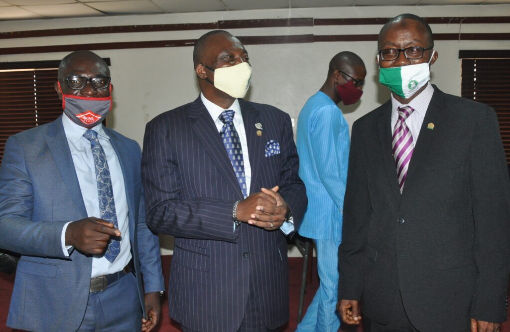 (R-l) Fatai Adegbenro, Executive Secretary/CEO, Nigerian Council of Registered Insurance Brokers (NCRIB); Tunde Oguntade, Vice President/representative of President, NCRIB, and Tope Adaramola, Assistant Executive Secretary, during the annual general meeting of the National Association of Insurance and Pension Correspondents in Lagos on Wednesday. 29/7/2020